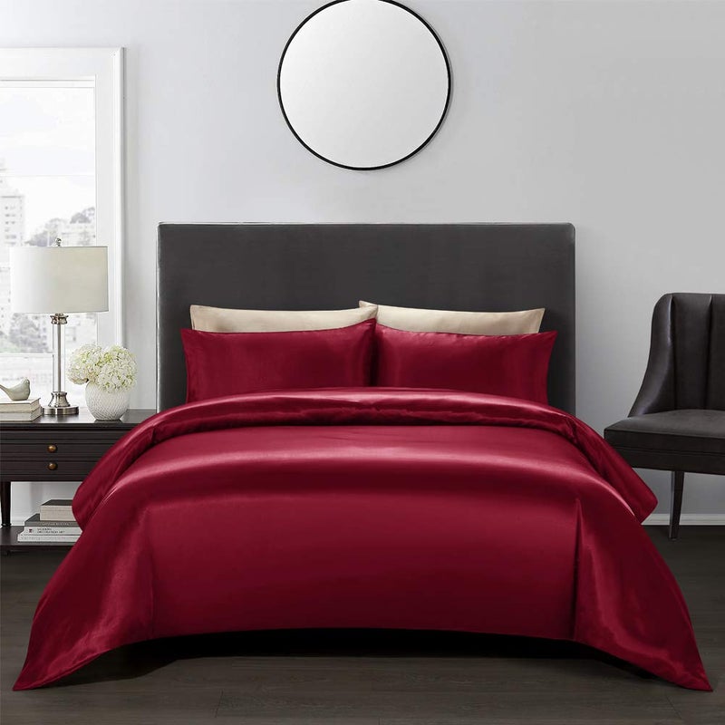 AiMay 3 Piece Satin Duvet Cover Set Bedding Sets Queen Burgundy 1800 Series Luxury Rich Silk Silky Super Soft Solid Color Reversible Honeymoon Wrinkle Free (Queen, Burgundy) - Image 1
